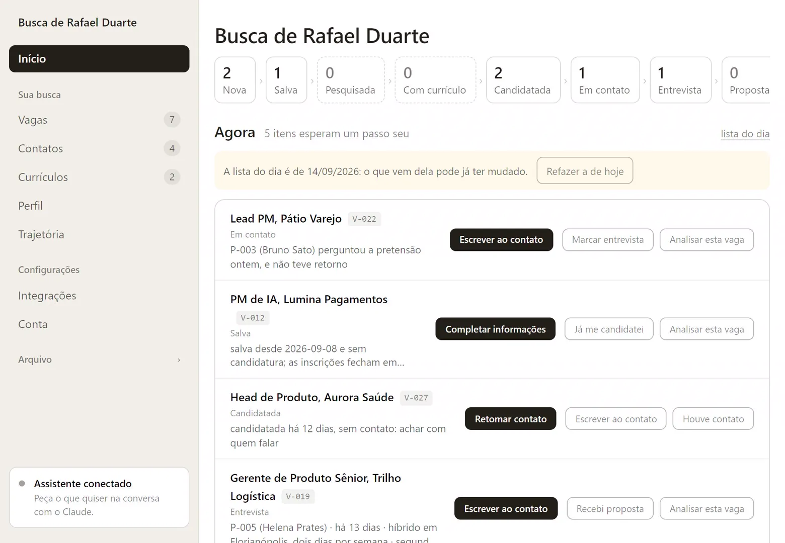 O painel do pack de vagas com a busca de uma pessoa fictícia: o funil de etapas, o que espera um passo seu e as vagas novas para julgar.